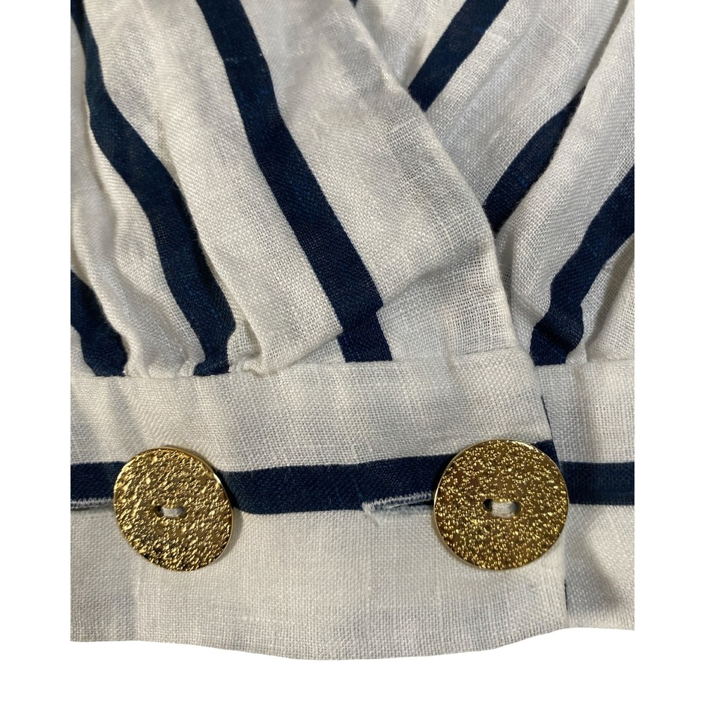 Zara Womens Navy Blue White Striped Linen Wrap Crop Top Gold Button Size Medium - Picture 8 of 10